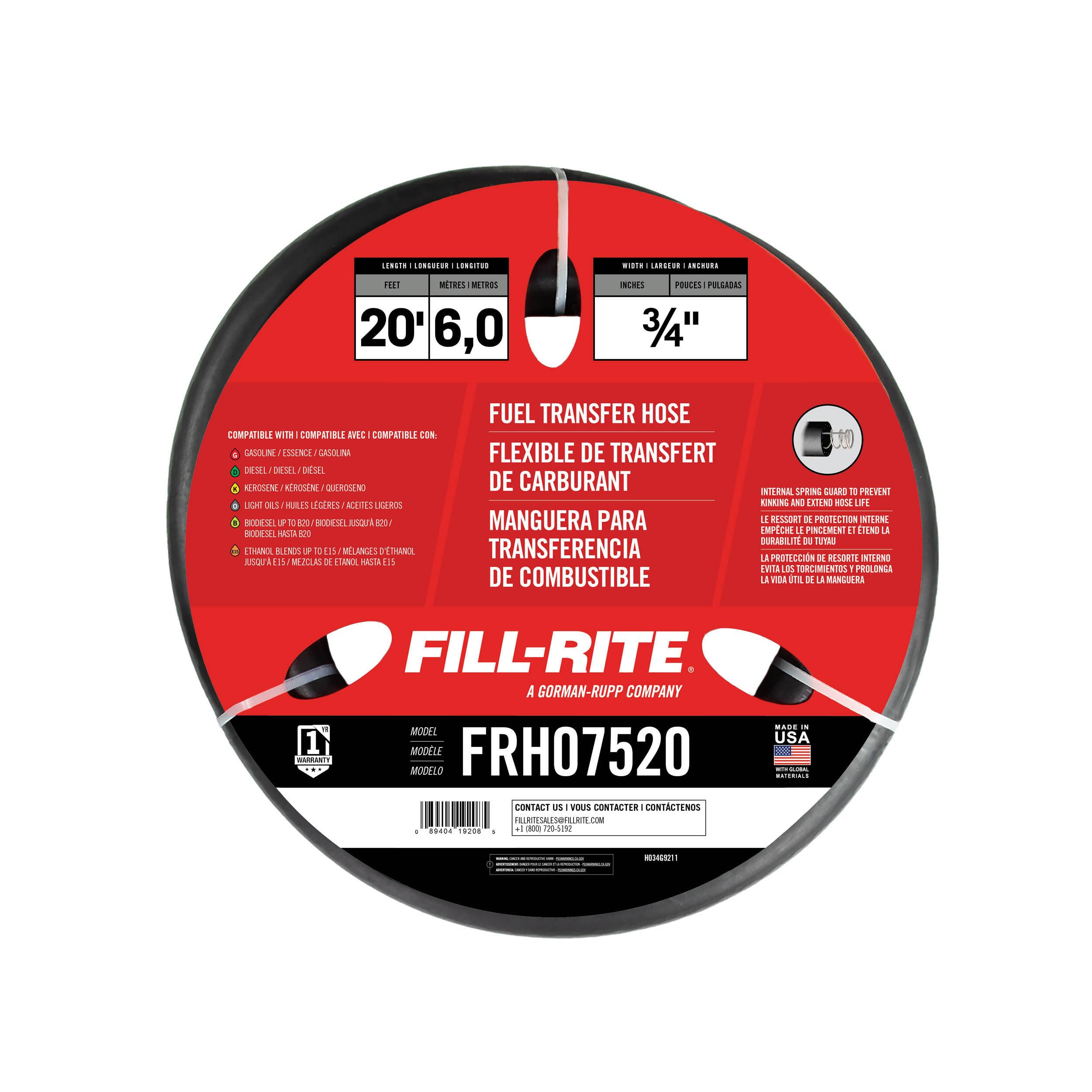 Fill-Rite Fill-Rite FRH07520 3/4" x 20' Fuel Transfer Hose - Outdoor Depot
