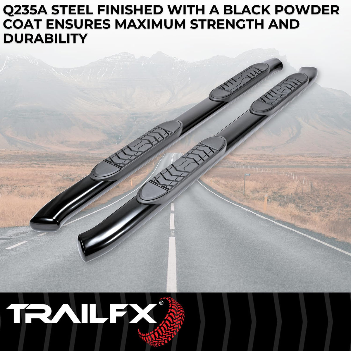 Trailfx TrailFX A7086B 5 Inch Oval Bent Nerf Bar Side Steps with Step Pads Black Powder-Coated Steel Welded - Outdoor Depot