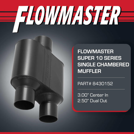 Flowmaster Flowmaster Super 10 Series Chambered Muffler – 3.00" Center In / 2.50" Dual Out – Race-Inspired - Outdoor Depot
