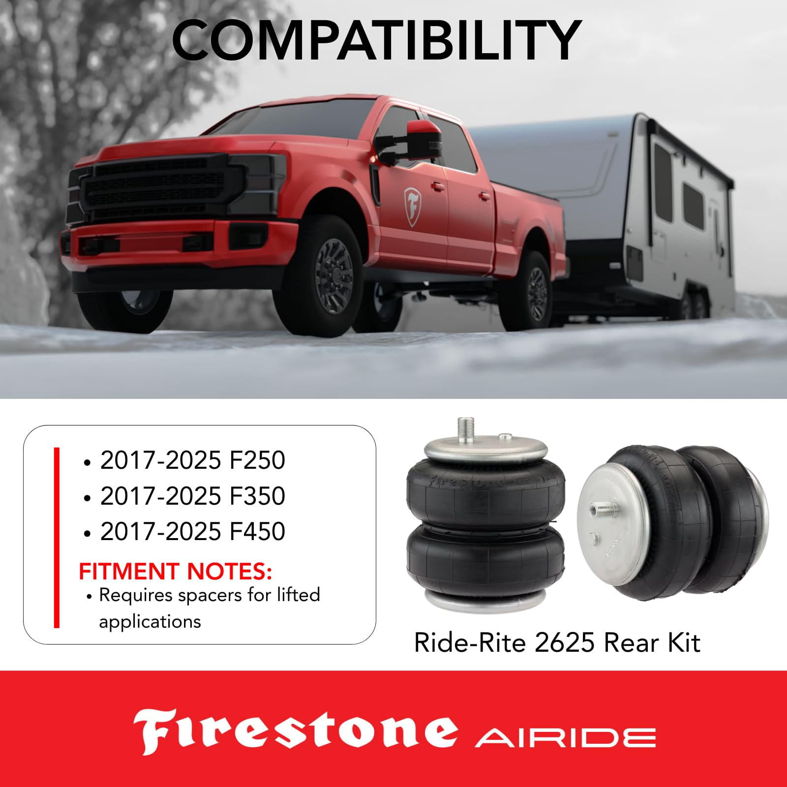 Airide Firestone Airide 2625 Rear Air Spring Kit fits 2017-2025 F250 F350 4WD | Load Capacity of 5,000 - Outdoor Depot