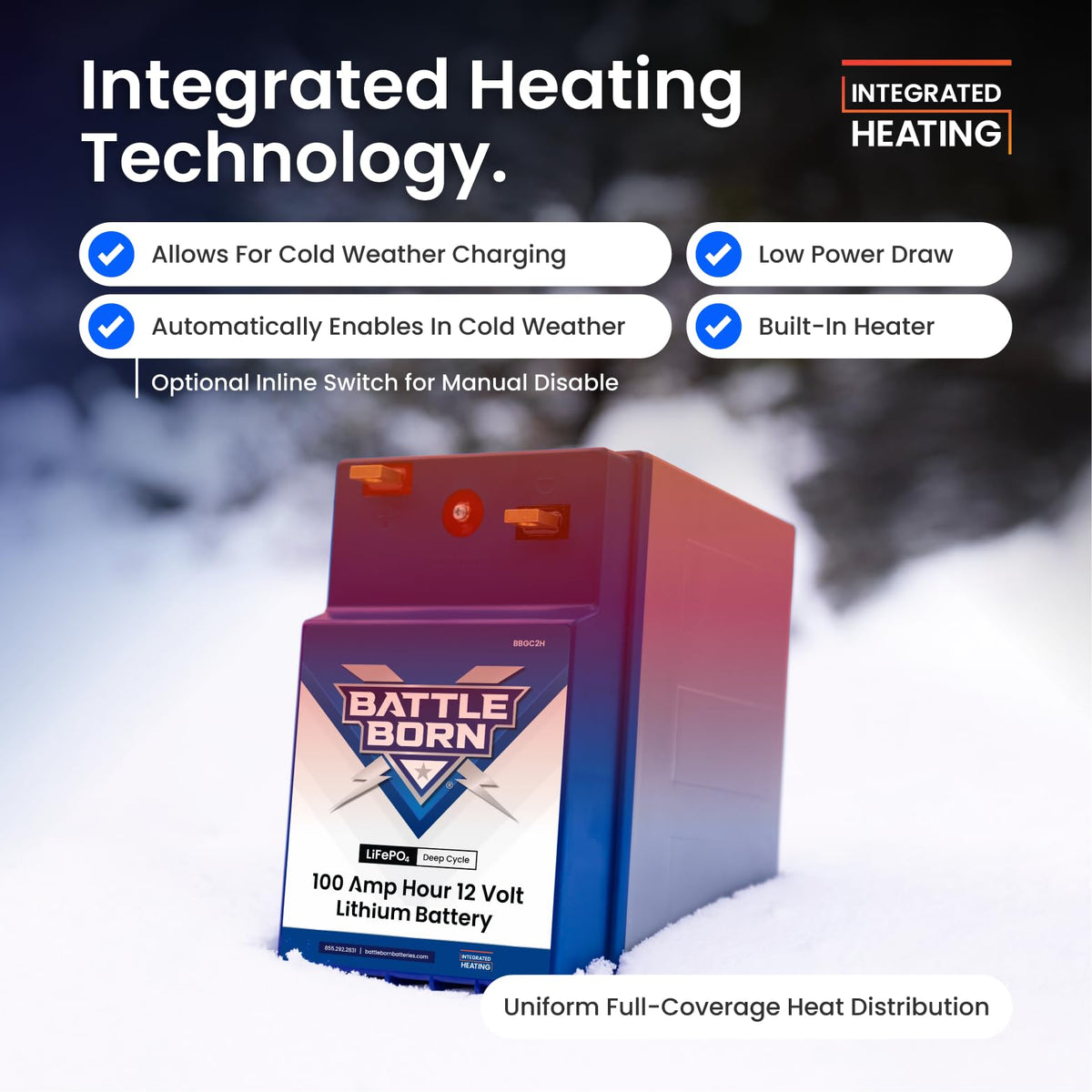 Battle Born Batteries 100Ah 12V GC2 Heated Lithium-Ion (LiFePO4) RV, Marine, Solar, & Off Grid Battery - - Outdoor-Depot.us