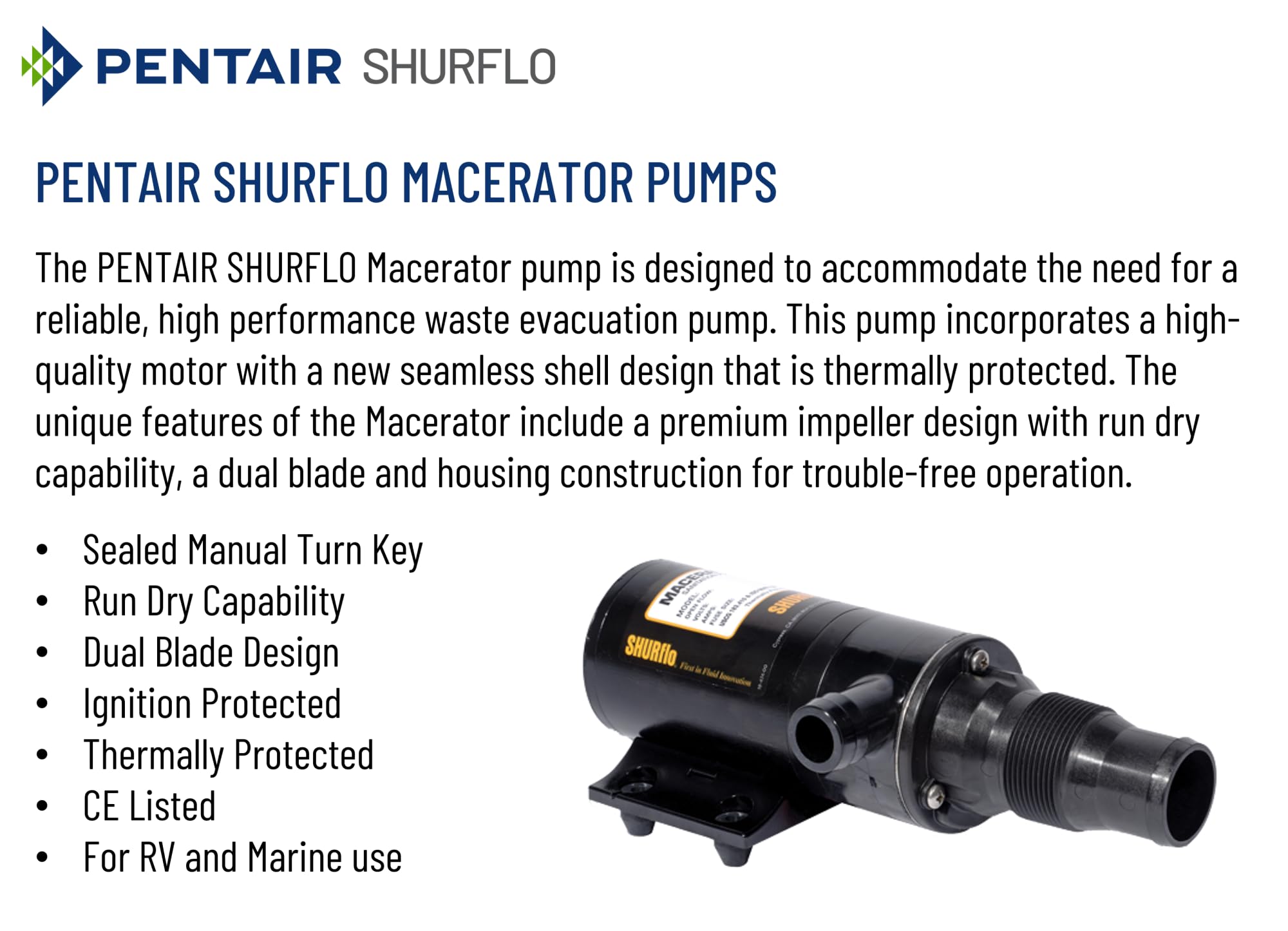 SHURFLO PENTAIR SHURFLO 3200-001 Macerator Pump, 12V RV Marine Waste Pump, 13 GPM High Flow, Dual Blade - Outdoor Depot