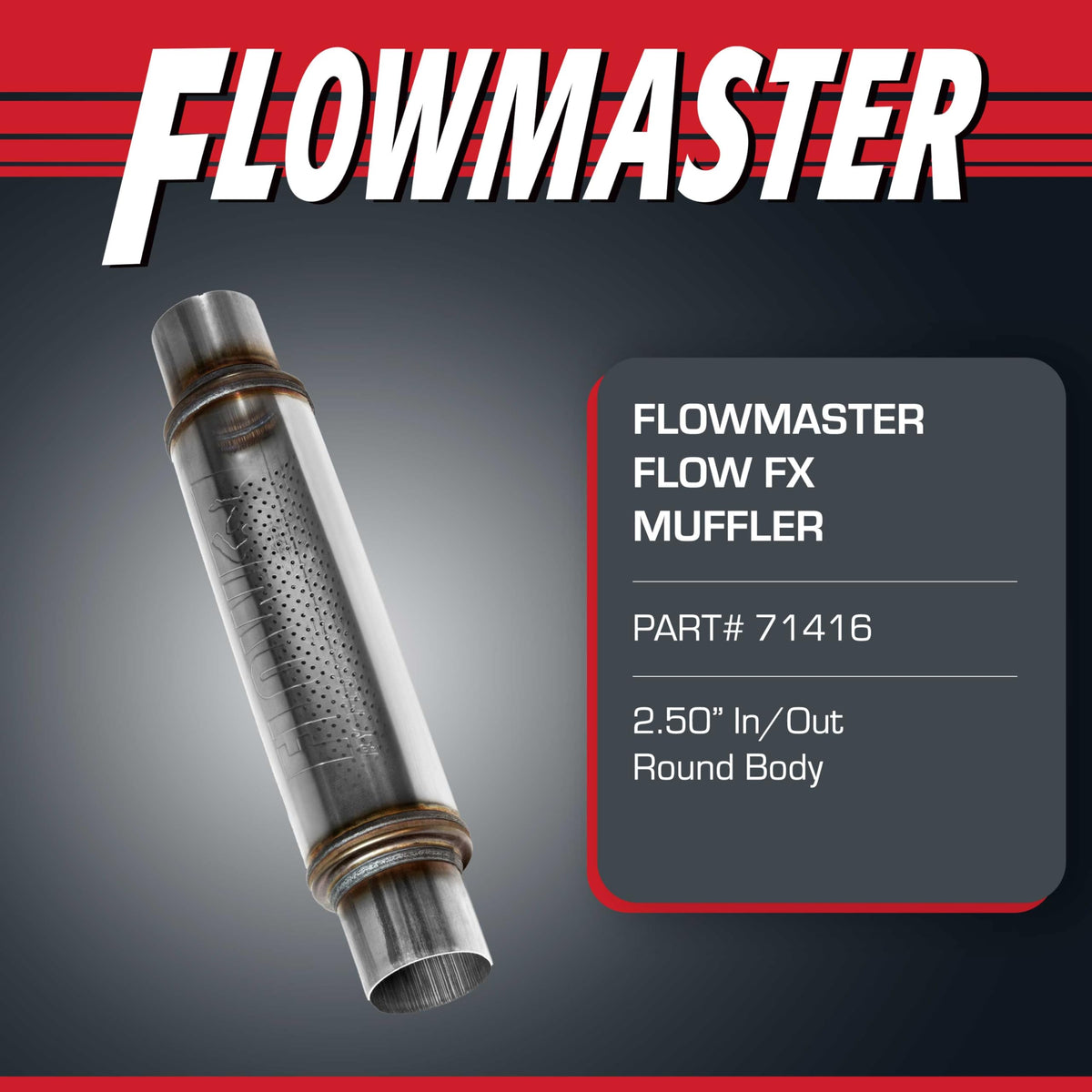 Flowmaster Flowmaster Flow FX Chambered Muffler – 2.50” Center In / 2.50” Center Out – Round Body – Moderate - Outdoor Depot