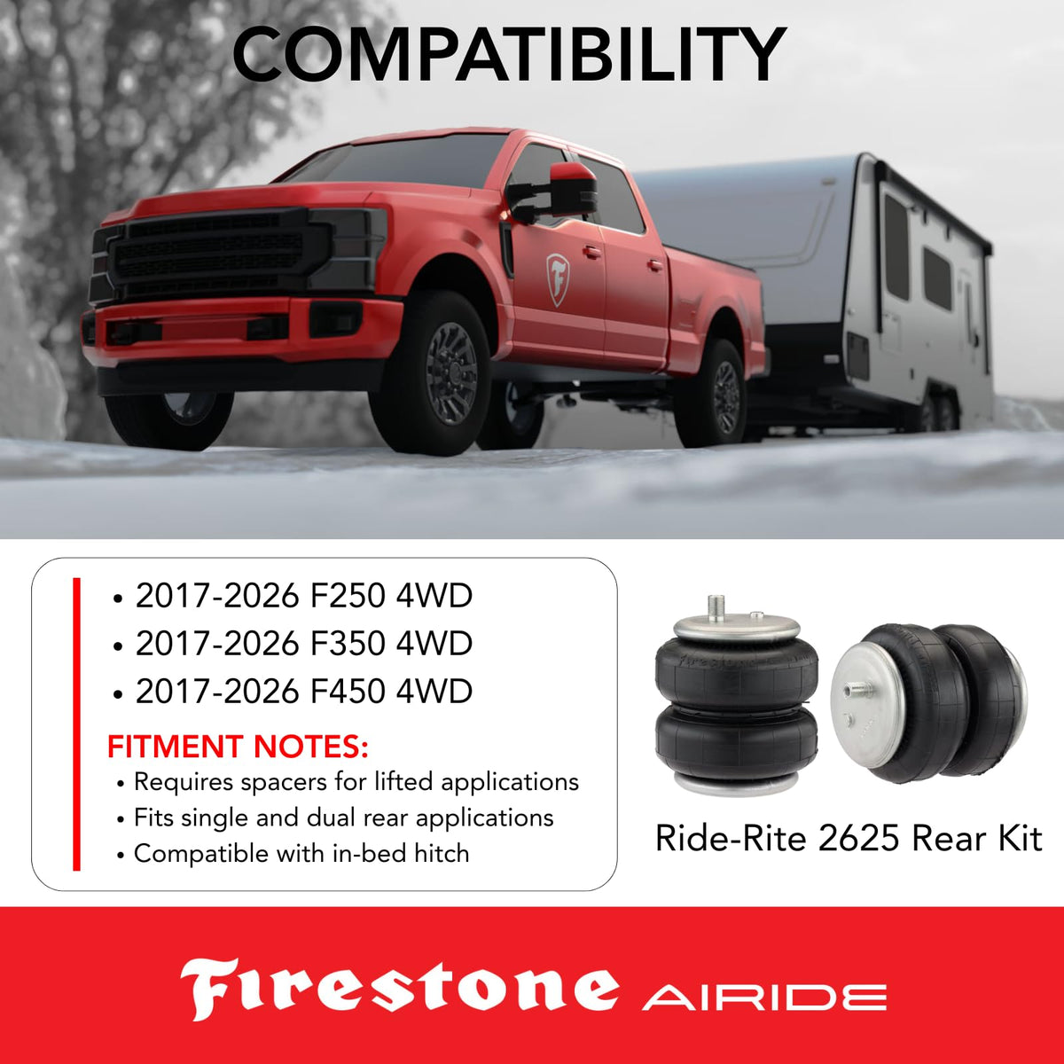 Airide Firestone Airide 2625 Rear Air Spring Kit fits 2017-2026 F250 F350 4WD | Load Capacity of 5,000 - Outdoor Depot