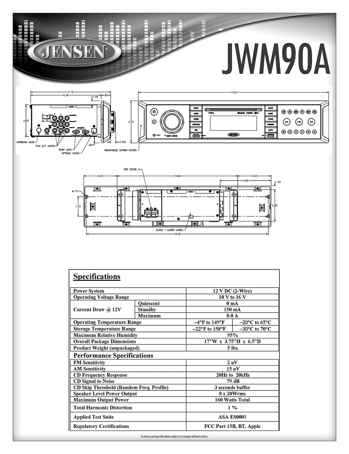 Jensen Jensen JWM90A Slimline 3-Zone Source Theater-Style Bluetooth Wallmount Stereo with App Control, - Outdoor Depot