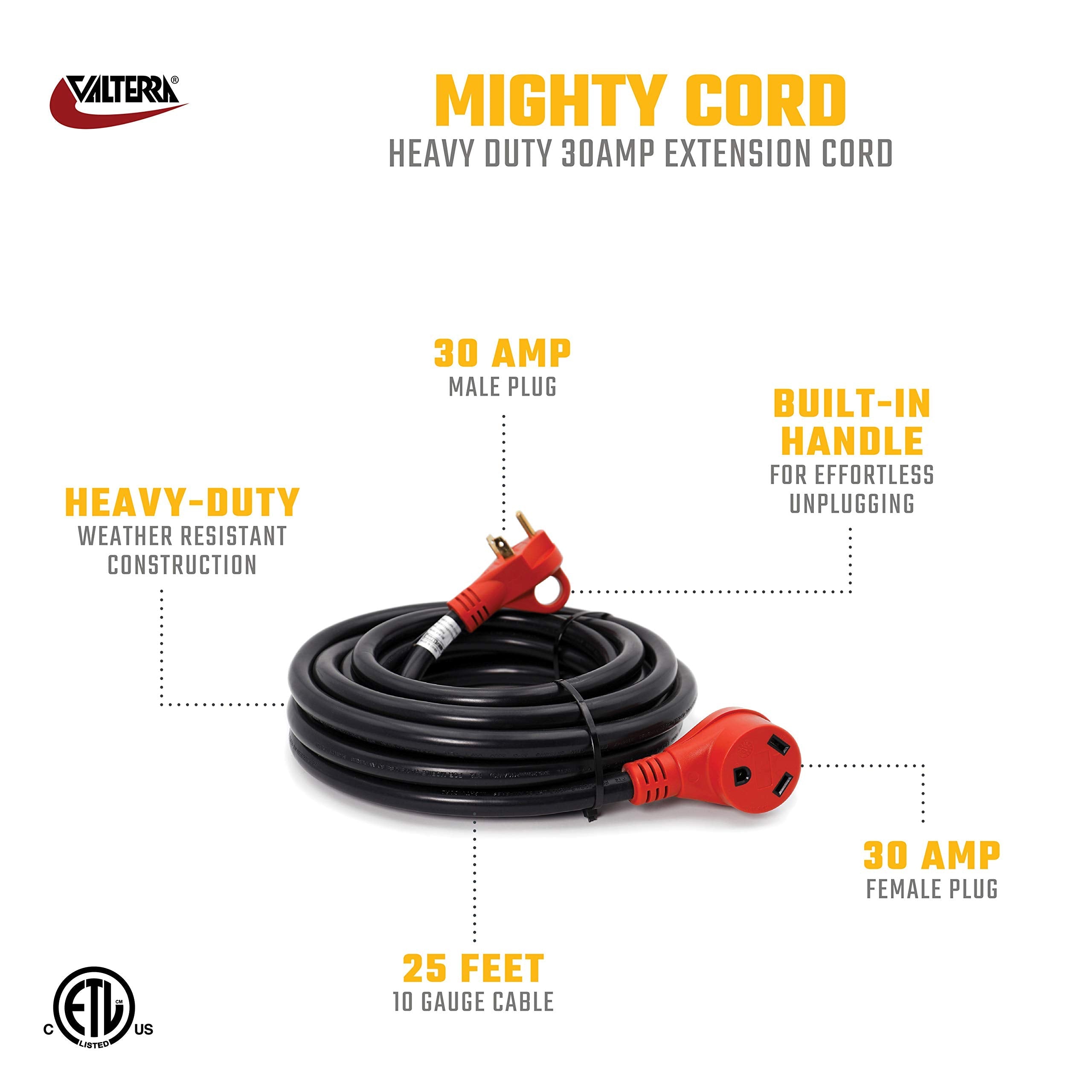 Valterra Valterra A10-3025EH Mighty Cord RV 30-Amp Extension Cord, 25 ft., Red - Outdoor Depot