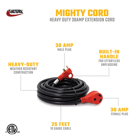 Valterra Valterra A10-3025EH Mighty Cord RV 30-Amp Extension Cord, 25 ft., Red - Outdoor Depot