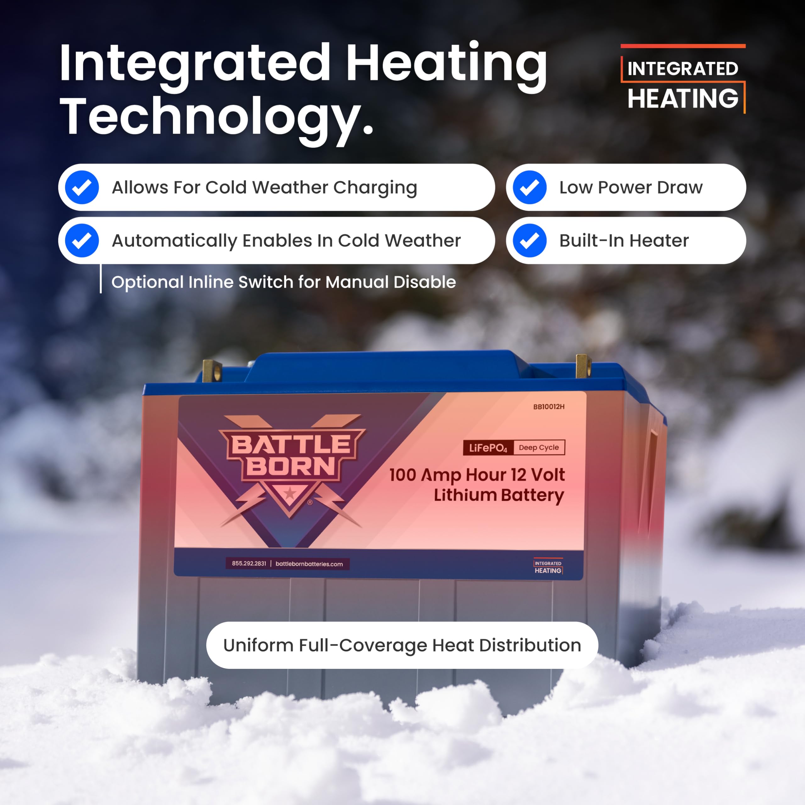Battle Born Batteries 100Ah 12V Heated Lithium-Ion (LiFePO4) RV, Marine, Solar, & Off Grid Battery - - Outdoor-Depot.us