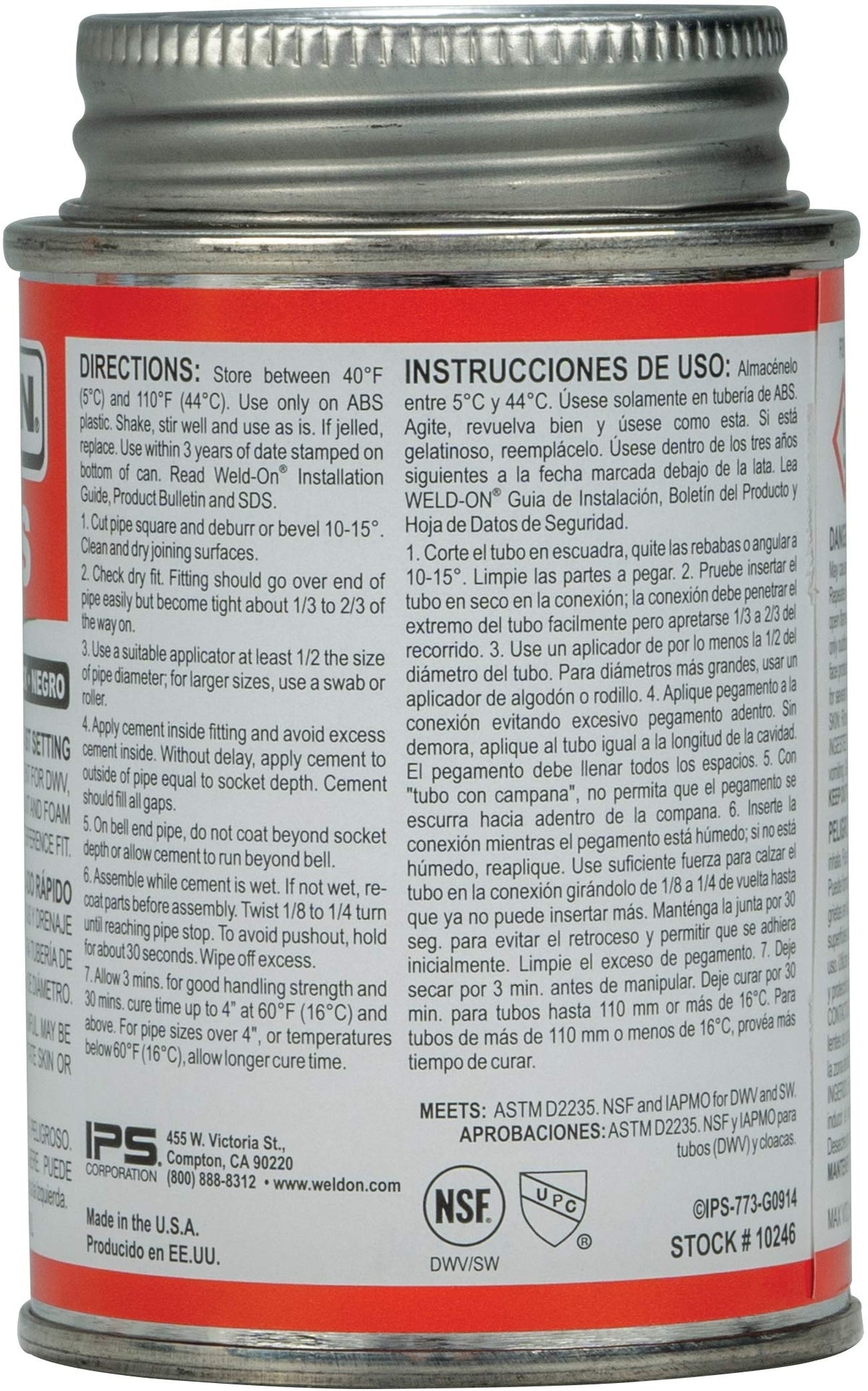 IPS Weld-On 10246 773 ABS Medium-Bodied High Strength Solvent Cement - Fast Setting and Low-VOC, Black, 1/4 - Outdoor Depot
