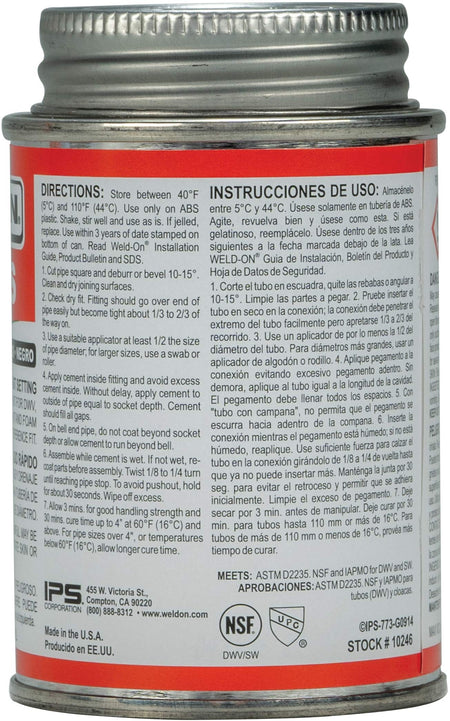 IPS Weld-On 10246 773 ABS Medium-Bodied High Strength Solvent Cement - Fast Setting and Low-VOC, Black, 1/4 - Outdoor Depot