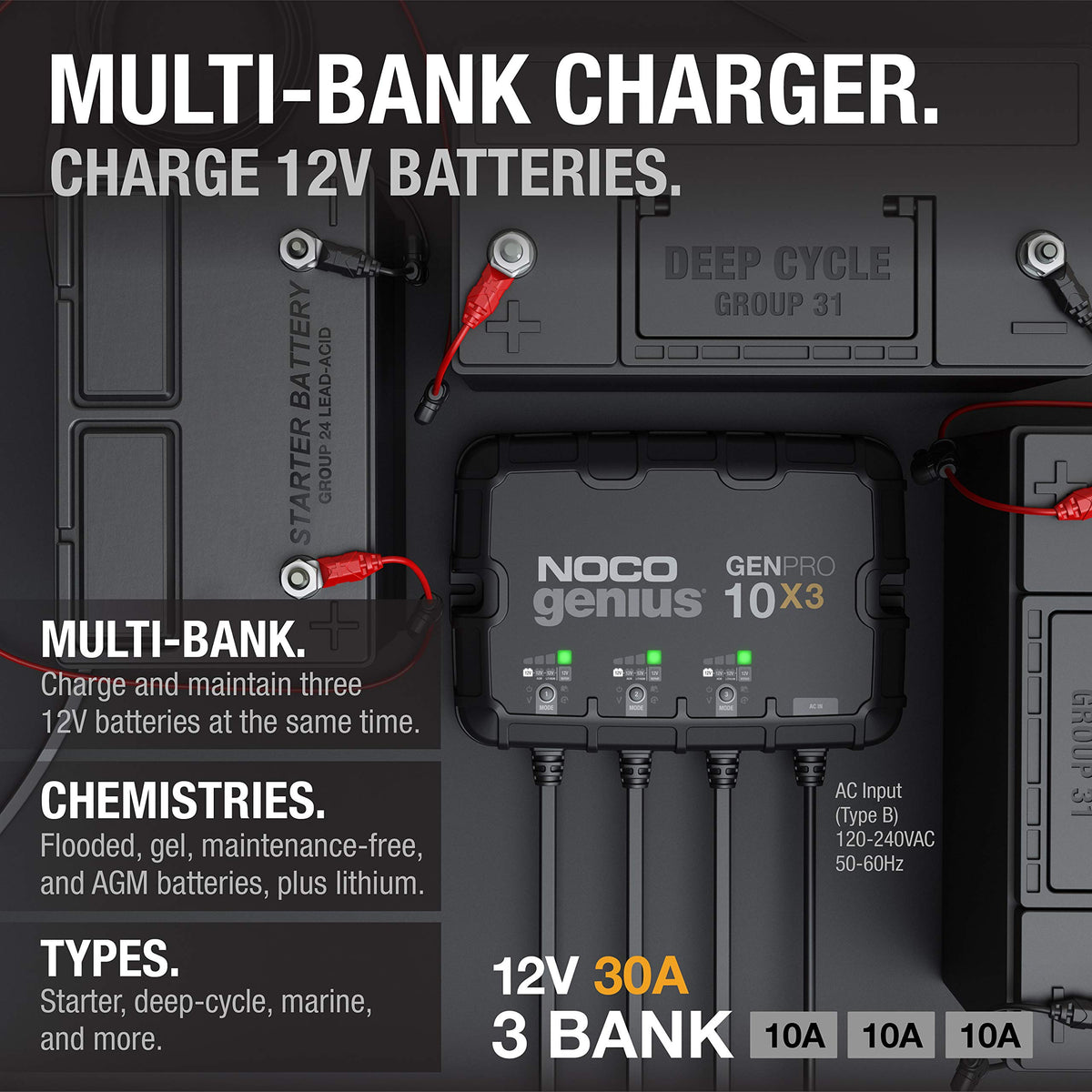 NOCO NOCO Genius GENPRO10X3, 3-Bank, 30A (10A/Bank) Smart Marine Battery Charger, 12V Waterproof Onboard - Outdoor Depot