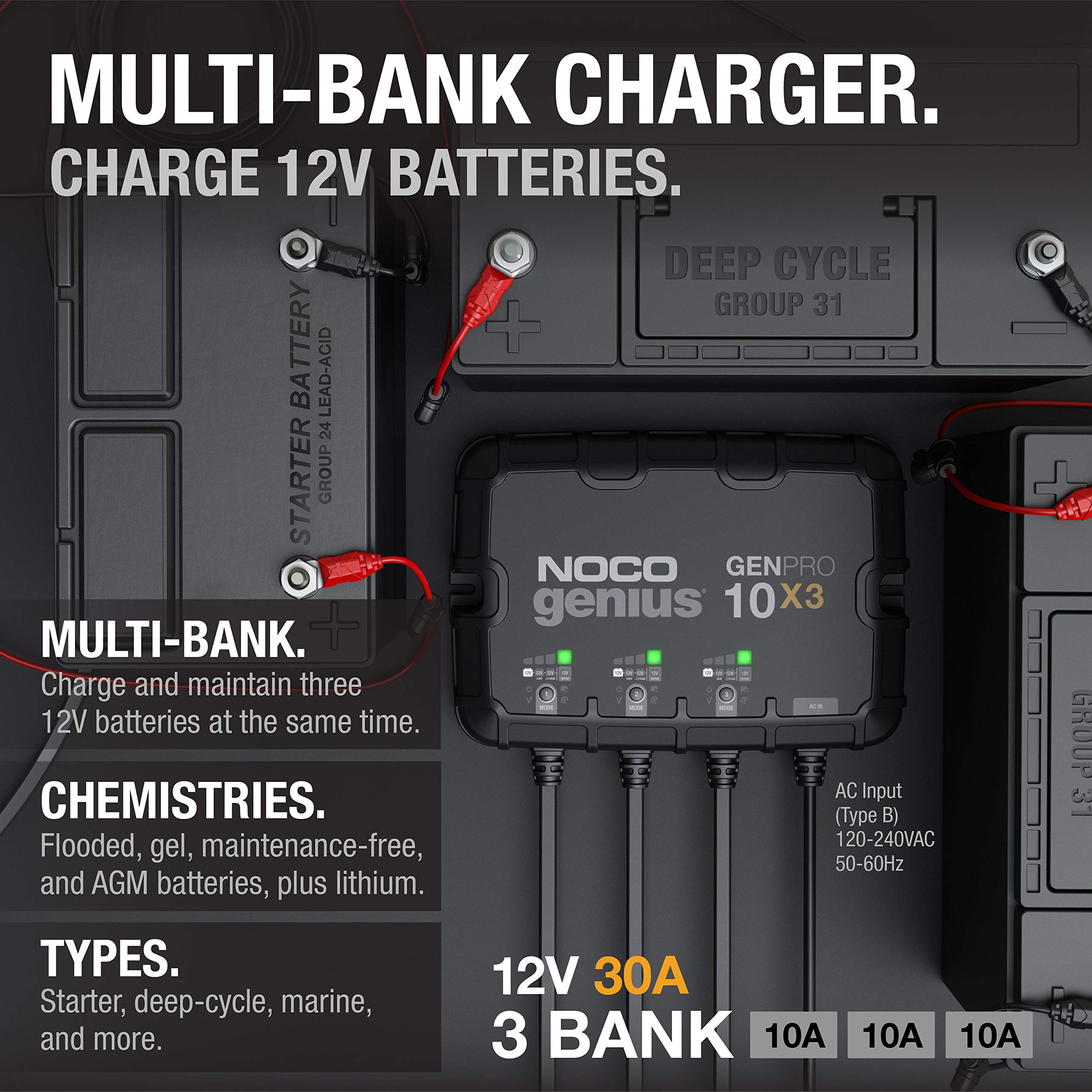 NOCO NOCO Genius GENPRO10X3, 3-Bank, 30A (10A/Bank) Smart Marine Battery Charger, 12V Waterproof Onboard - Outdoor Depot