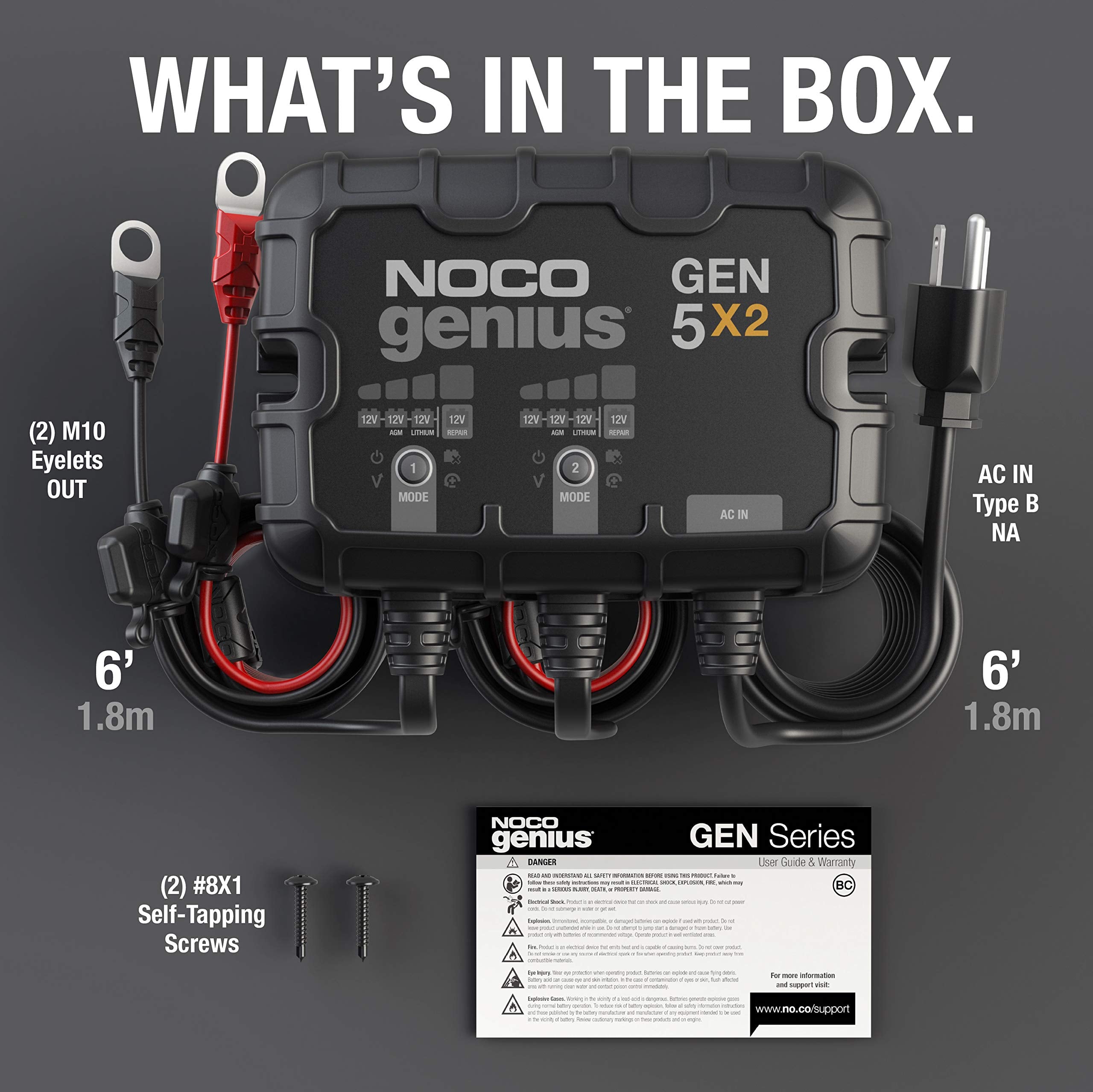 NOCO NOCO Genius GEN5X2: 2-Bank, 10A Onboard Battery Charger - 5A Per Bank, 12V Waterproof Marine Charger - Outdoor Depot