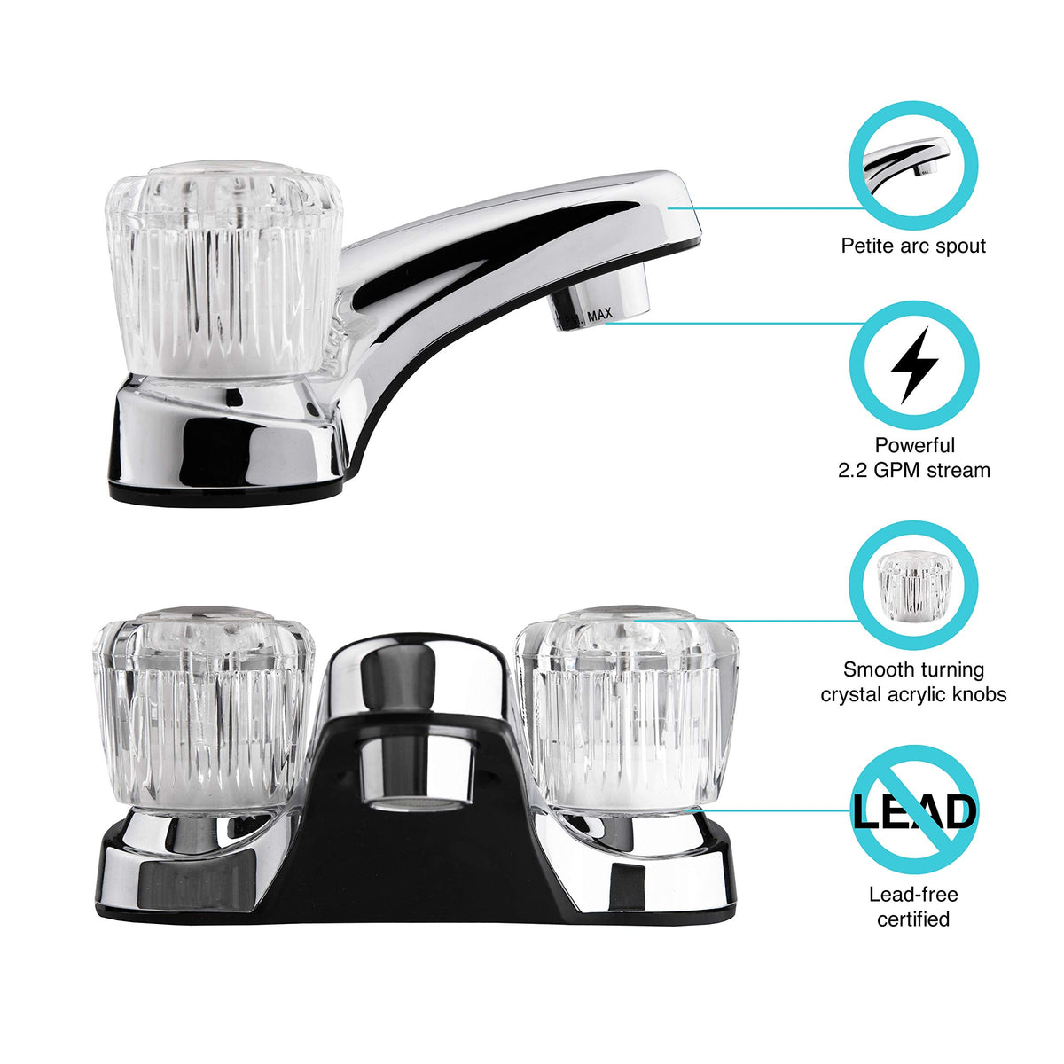 Dura Faucet Dura Faucet DF-PL700A-CP RV Bathroom Sink Faucet with Clear Acrylic Knobs - 2-Handle (Chrome) - Outdoor Depot