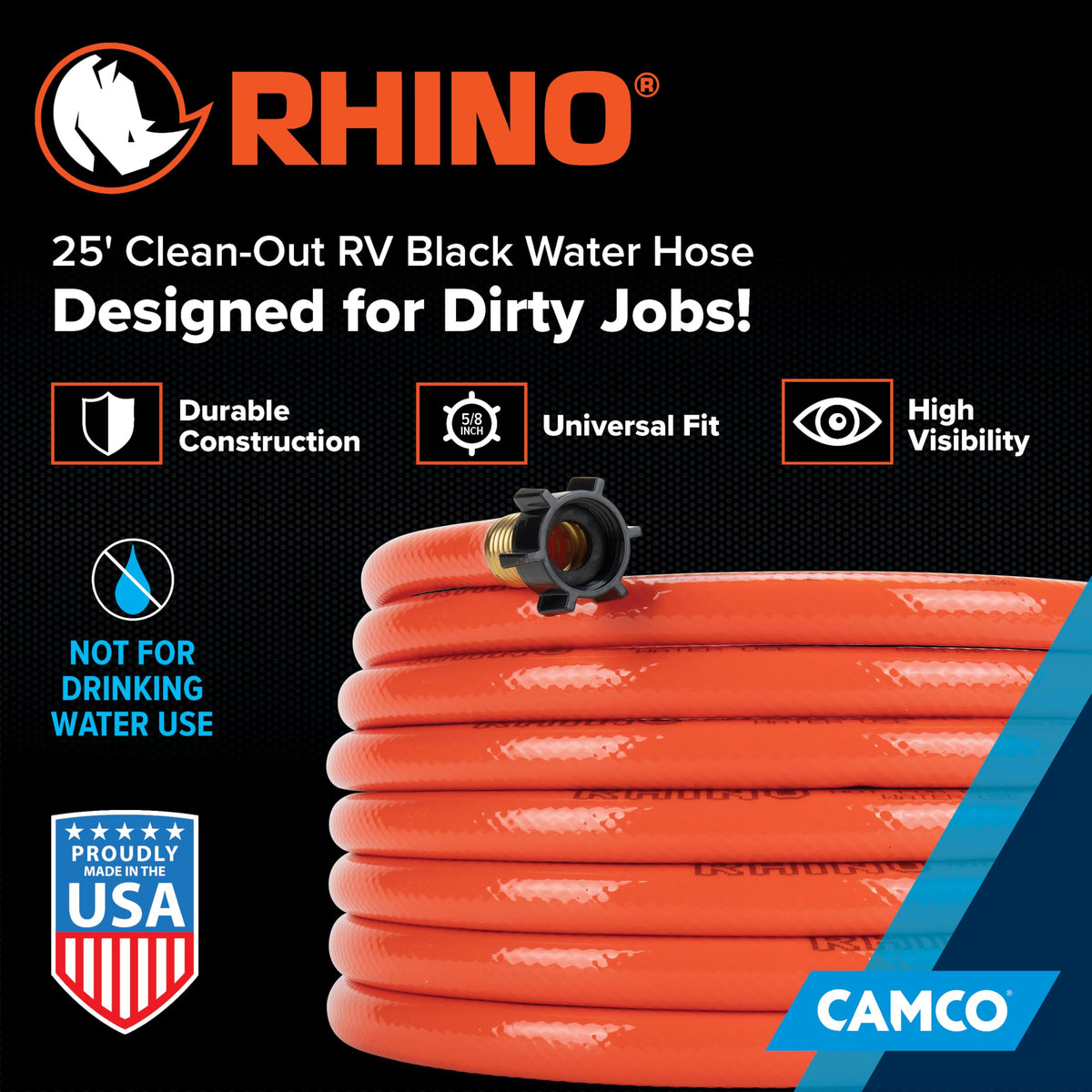 Camco Camco Rhino 25-Ft Clean-Out Camper/RV Black Water Hose - Features a Heavy-Duty PVC Design & Bright - Outdoor Depot