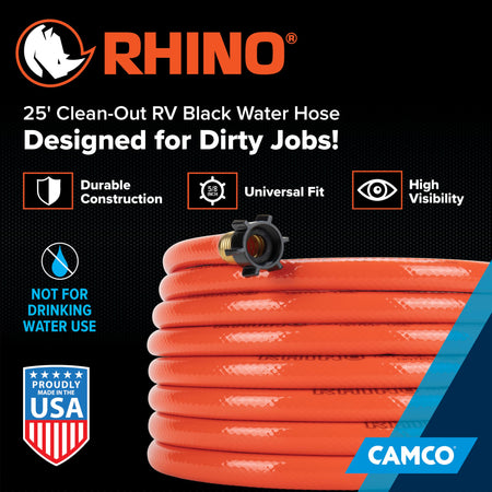 Camco Camco Rhino 25-Ft Clean-Out Camper/RV Black Water Hose - Features a Heavy-Duty PVC Design & Bright - Outdoor Depot