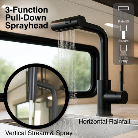 Dura Faucet Dura Faucet (DF-MK511X-MB) Rainfall RV Kitchen Faucet – Matte Black, Dual-Mode Rotating Spray - Outdoor Depot