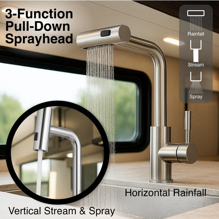 Dura Faucet Dura Faucet (DF-MK511X-SN) Rainfall RV Kitchen Faucet – Satin Nickel, Dual-Mode Rotating Spray - Outdoor Depot