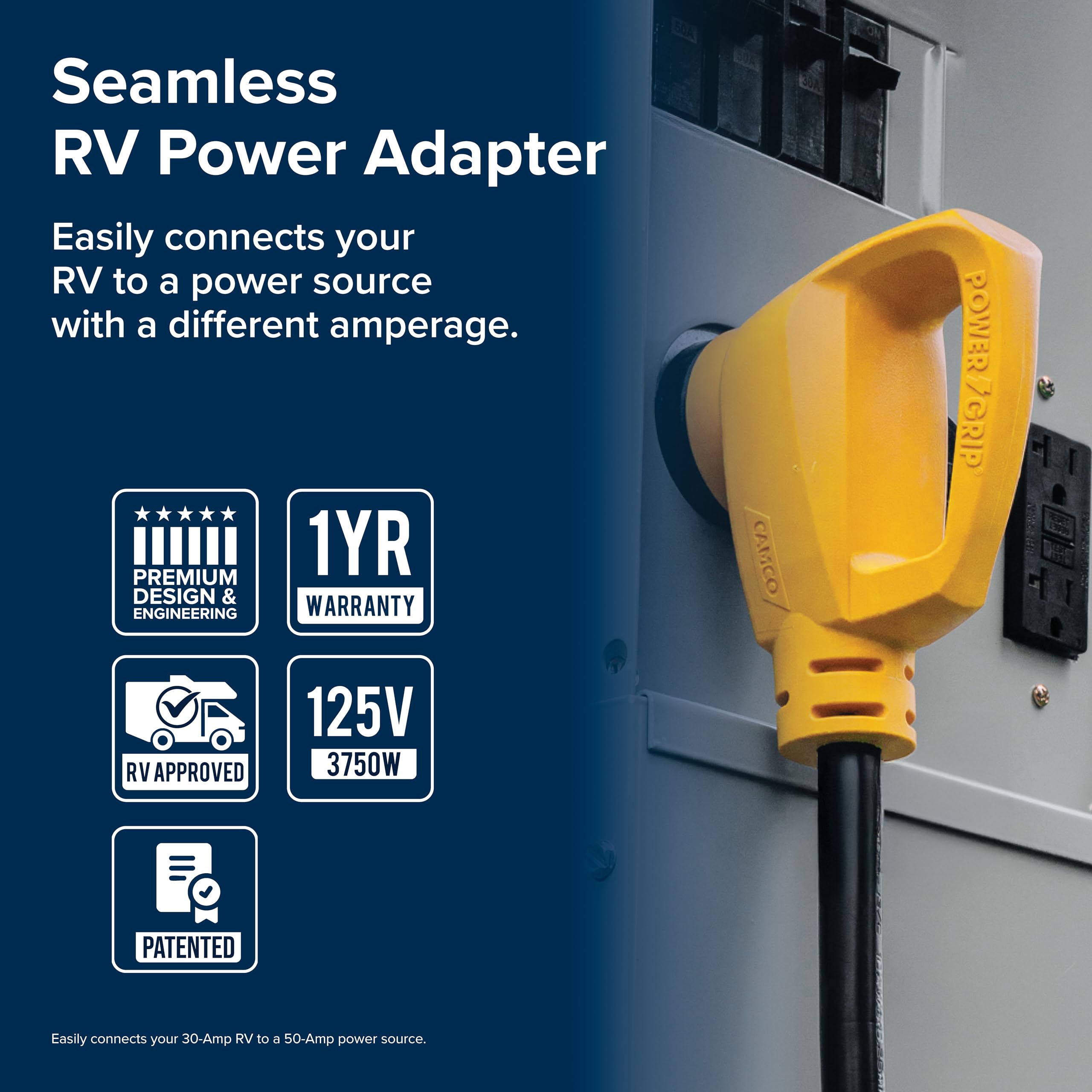 Camco Camco PowerGrip Dogbone RV Electrical Adapter - Features Heavy-Duty 50-Amp Male and 30-Amp Female - Outdoor Depot
