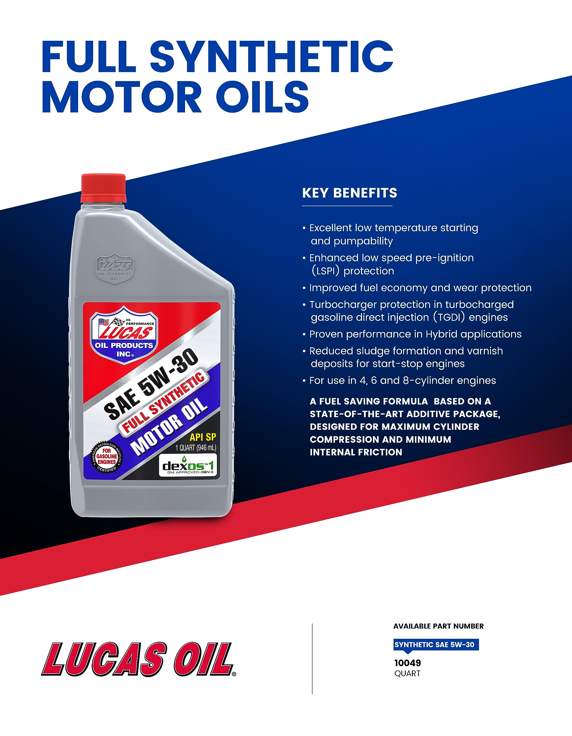 Lucas Oil Lucas Oil 10049 Full Synthetic SAE 5W-30 Motor Oil - 1 Quart - Outdoor Depot