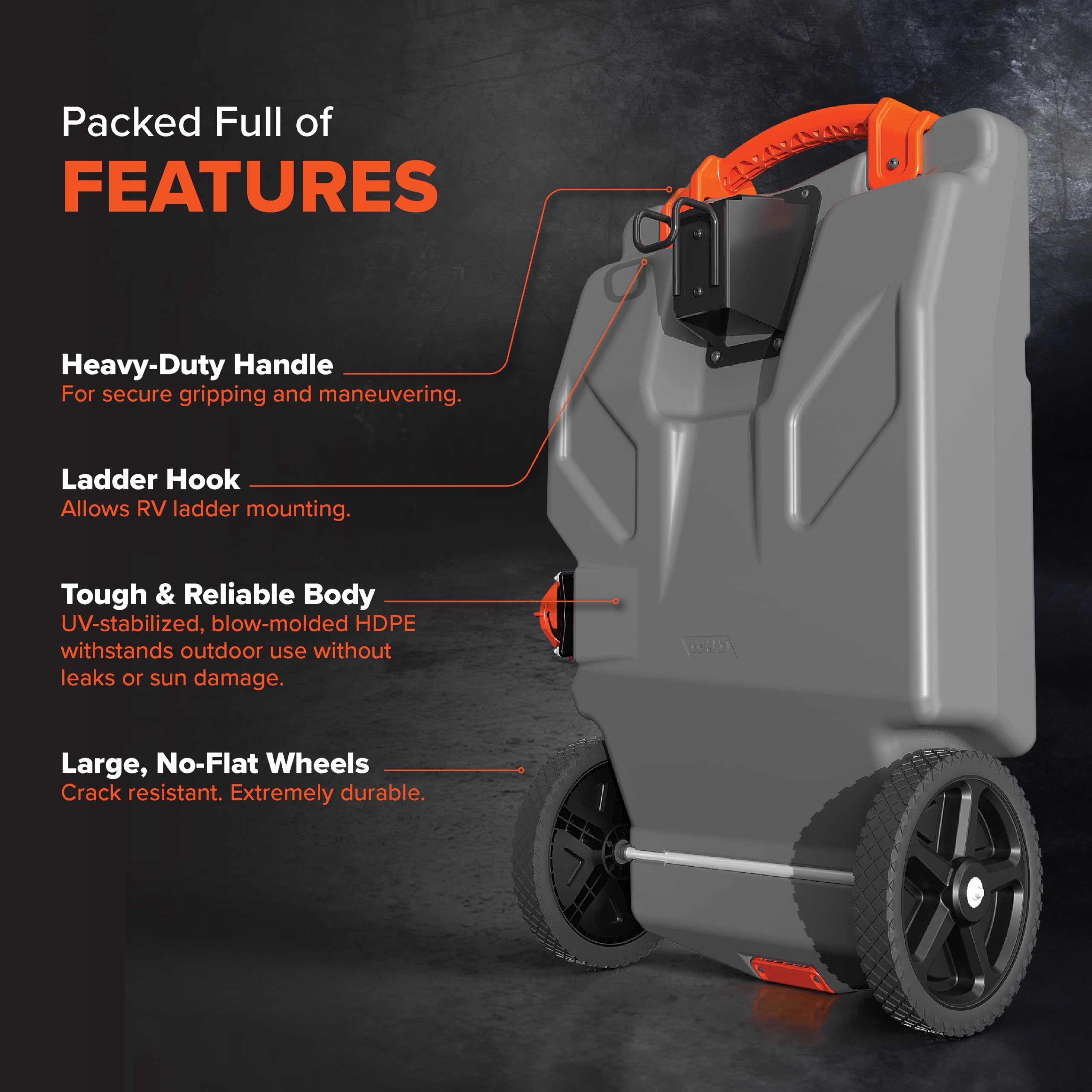 Camco Camco Rhino 28-Gallon Camper/RV Tote Tank - Features Large Heavy-Duty No-Flat Wheels & Built-in Gate - Outdoor Depot