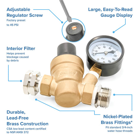 Camco Camco Adjustable RV/Marine Brass Water Pressure Regulator | Help Stop Damage to RV/Marine Appliances, - Outdoor Depot