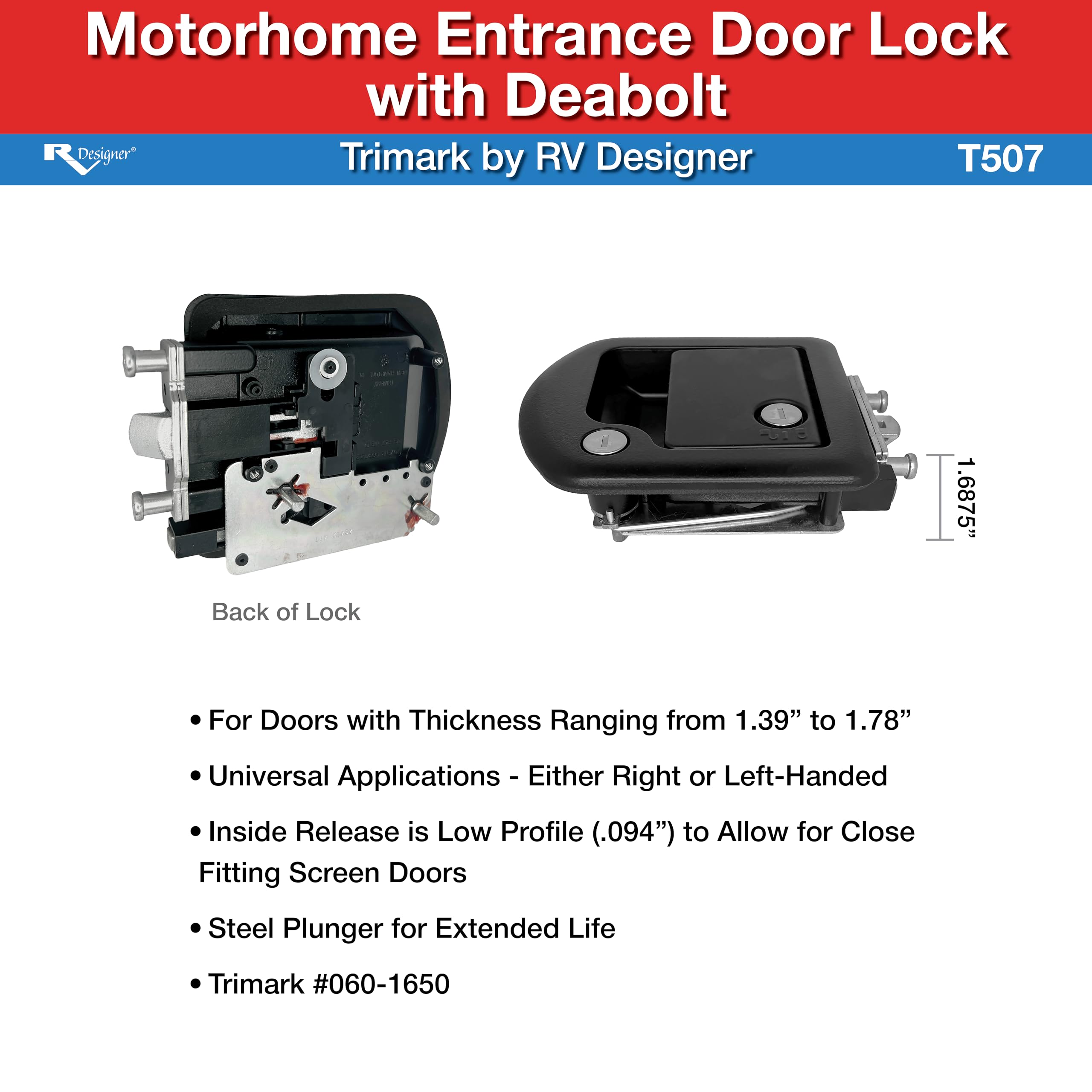 RV Designer RV Designer T507 TriMark Motorhome Entrance Door Lock with Deadbolt - Fit for 1.38-1.58” RV - Outdoor Depot