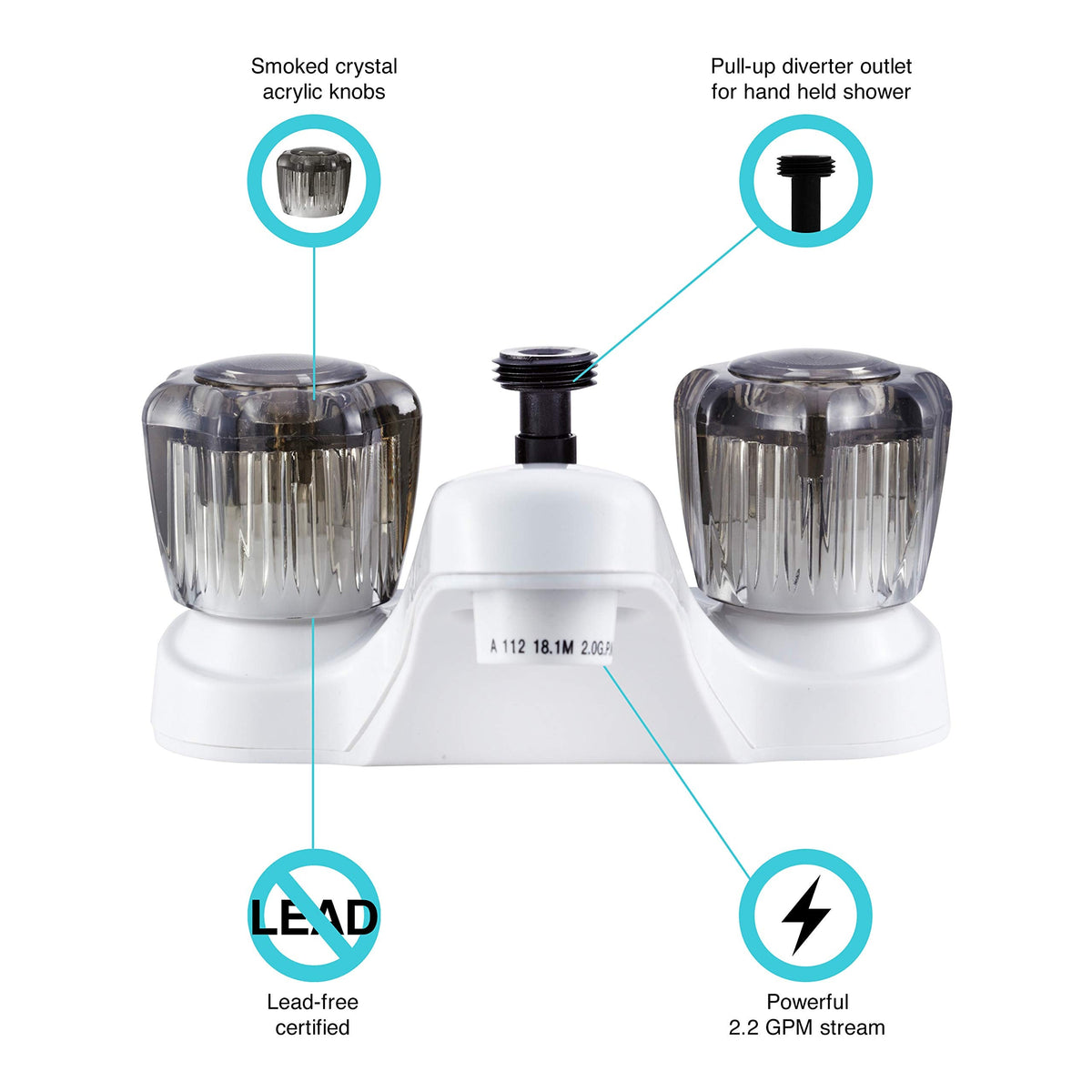 Dura Faucet Dura Faucet DF-PL720S-WT RV Bathroom Faucet with Smoked Acrylic Knobs and Shower Hose Diverter - Outdoor Depot
