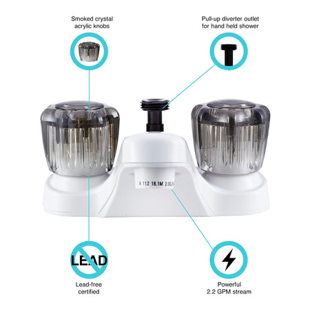 Dura Faucet Dura Faucet DF-PL720S-WT RV Bathroom Faucet with Smoked Acrylic Knobs and Shower Hose Diverter - Outdoor Depot