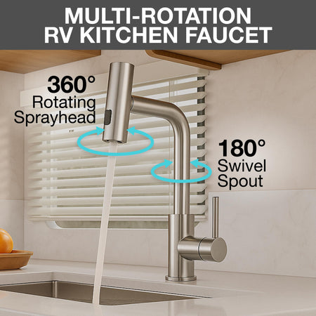 Dura Faucet Dura Faucet (DF-MK511X-SN) Rainfall RV Kitchen Faucet – Satin Nickel, Dual-Mode Rotating Spray - Outdoor Depot