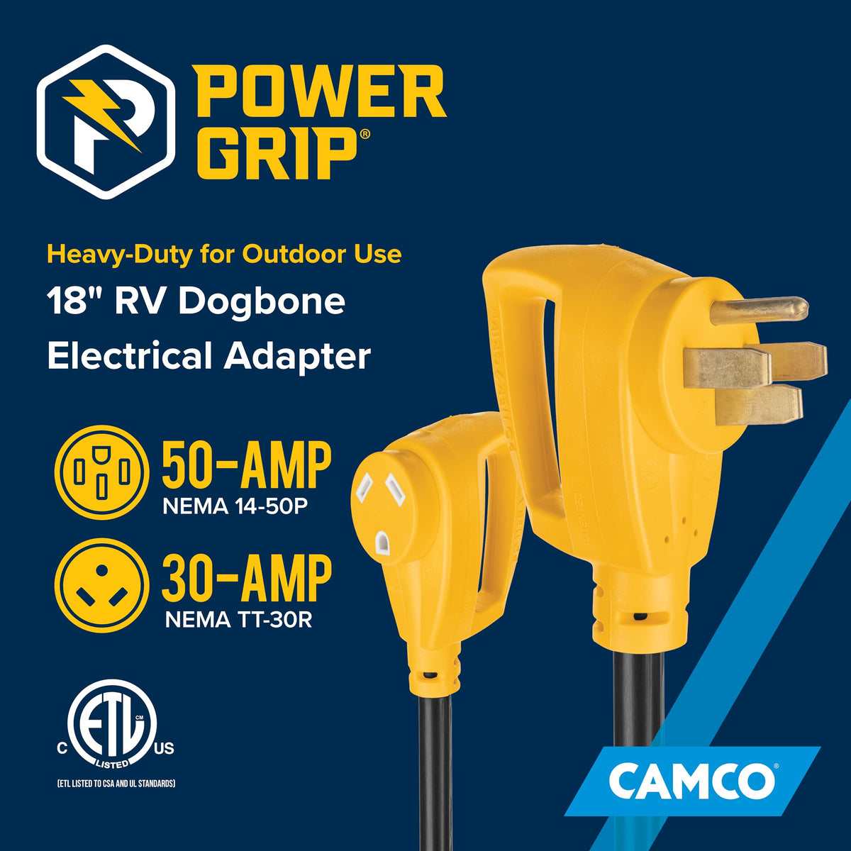 Camco Camco PowerGrip Dogbone RV Electrical Adapter - Features Heavy-Duty 50-Amp Male and 30-Amp Female - Outdoor Depot