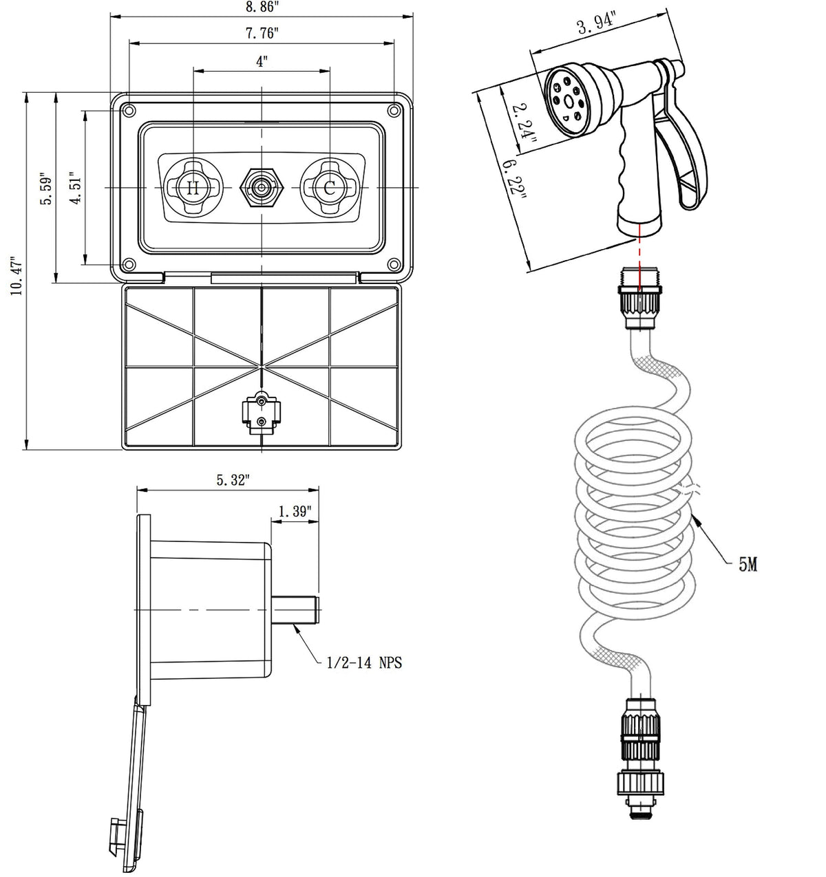 Dura Faucet Dura Faucet DF-SA189-BK RV Exterior Quick Connect Detachable Sprayer, Hose, Port, and Spray Box - Outdoor Depot