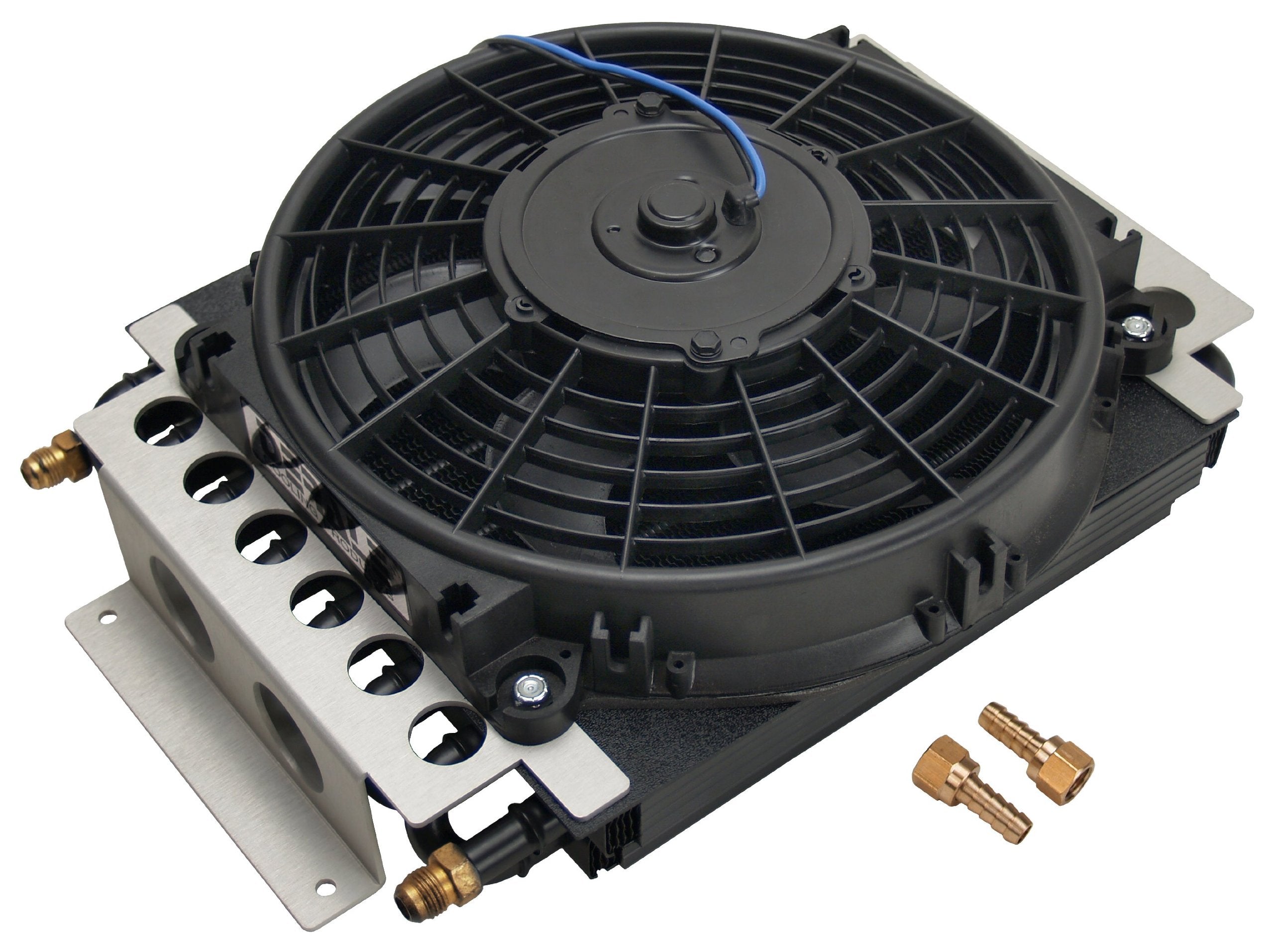 Derale Fluid Cooler and Fan, 15-3/4 x 11-1/2 x 5 in, Tube Type, 6 AN Male Inlet/Outlet, Fittings, - Outdoor Depot