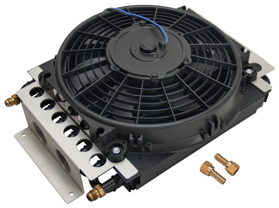 Derale Fluid Cooler and Fan, 15-3/4 x 11-1/2 x 5 in, Tube Type, 6 AN Male Inlet/Outlet, Fittings, - Outdoor Depot