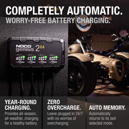 NOCO NOCO GENIUS2X4: 8A 4-Bank Smart Battery Charger (2A/Bank) - 6V/12V Automatic Maintainer, Trickle - Outdoor Depot
