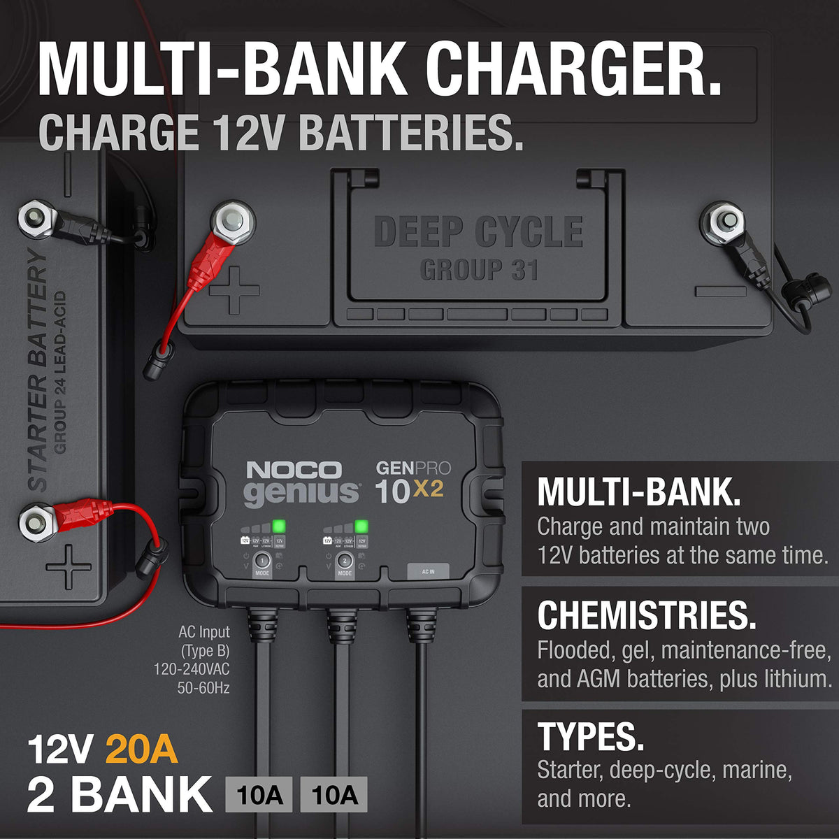 NOCO NOCO Genius GENPRO10X2: 2-Bank, 20A Onboard Battery Charger - 10A Per Bank, 12V Waterproof Marine - Outdoor Depot