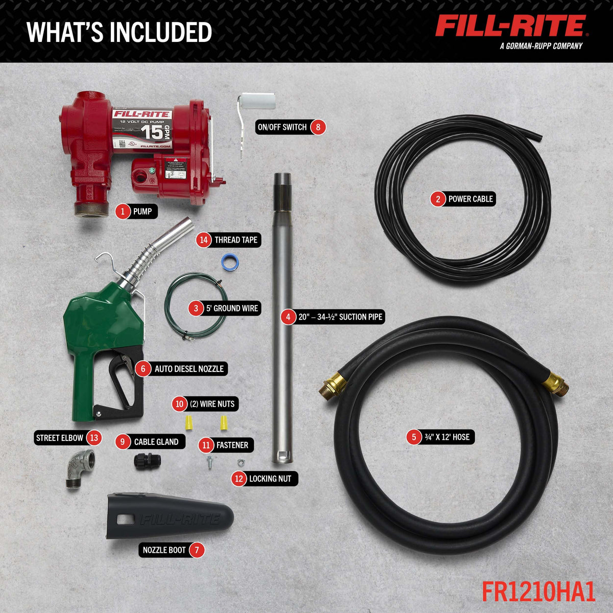 Fill-Rite Fill-Rite FR1210HA1 12V 15 GPM Fuel Transfer Pump with Discharge Hose & Automatic Nozzle, Green - - Outdoor Depot