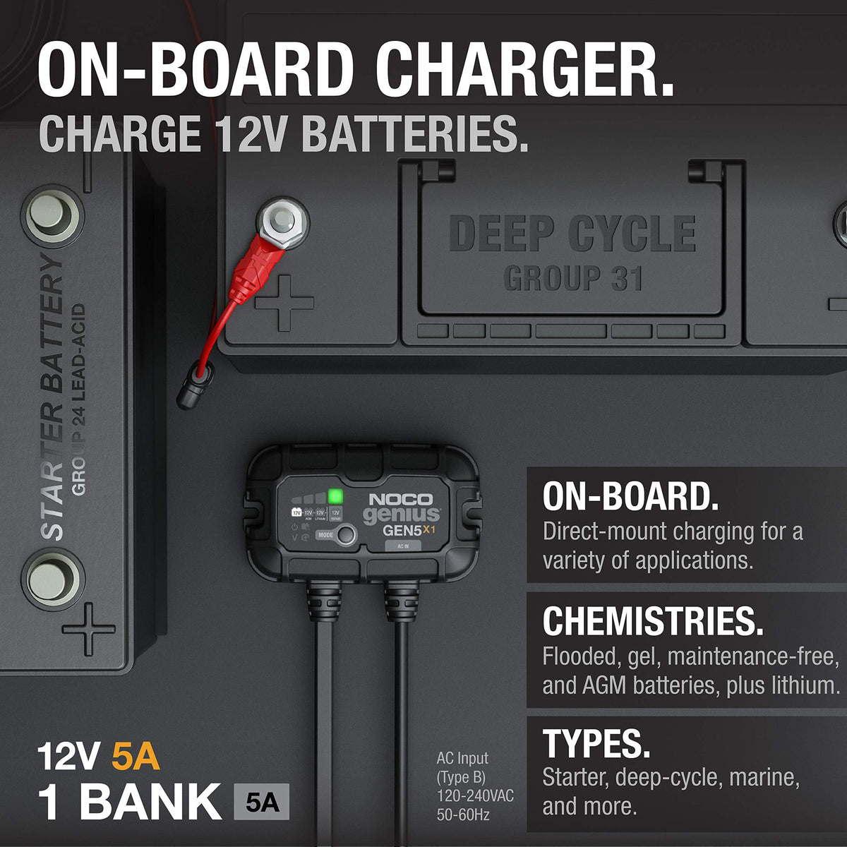 NOCO NOCO Genius GEN5X1: 1-Bank, 5A Onboard Battery Charger - 5A Per Bank, 12V Waterproof Marine Charger - Outdoor Depot