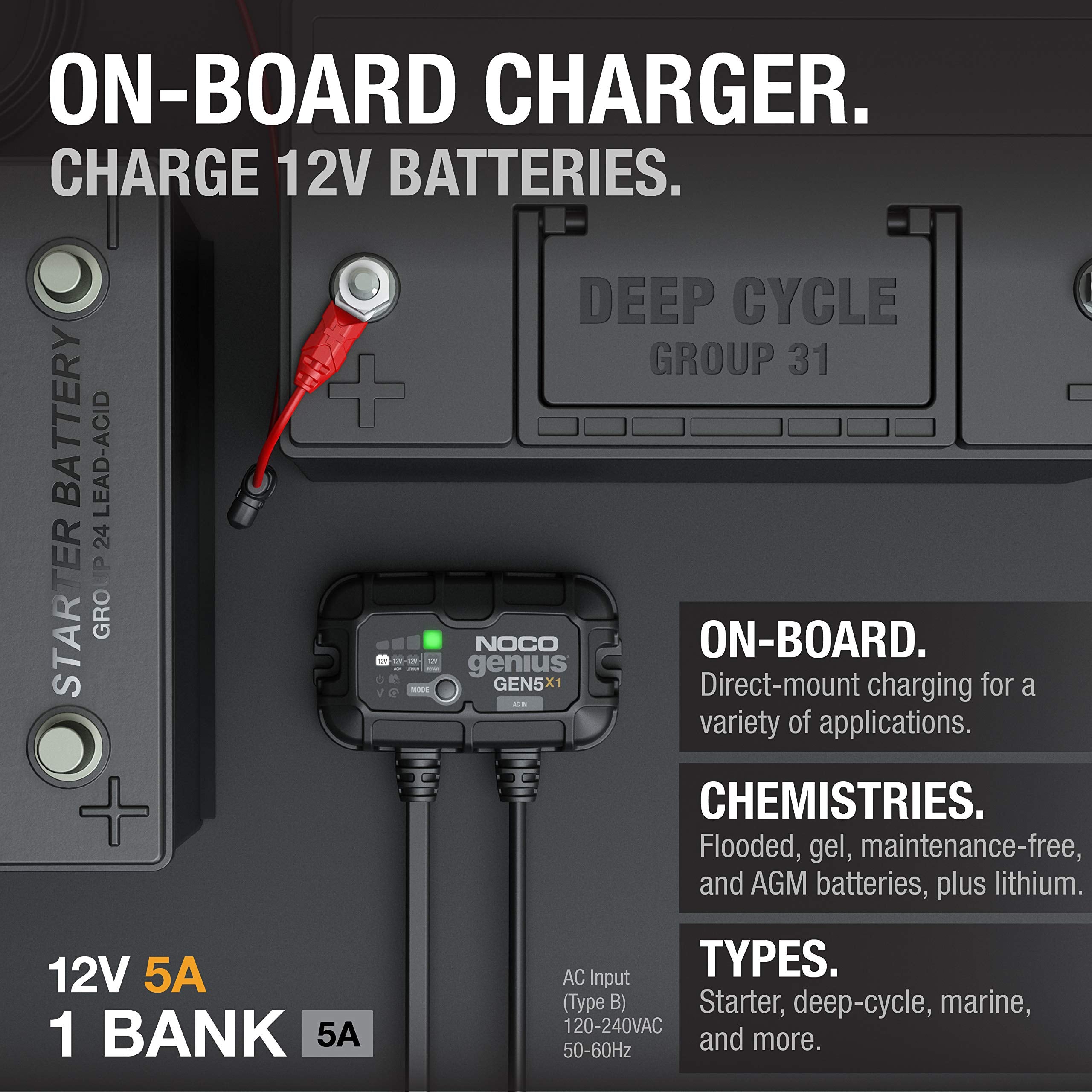 NOCO NOCO Genius GEN5X1: 1-Bank, 5A Onboard Battery Charger - 5A Per Bank, 12V Waterproof Marine Charger - Outdoor Depot