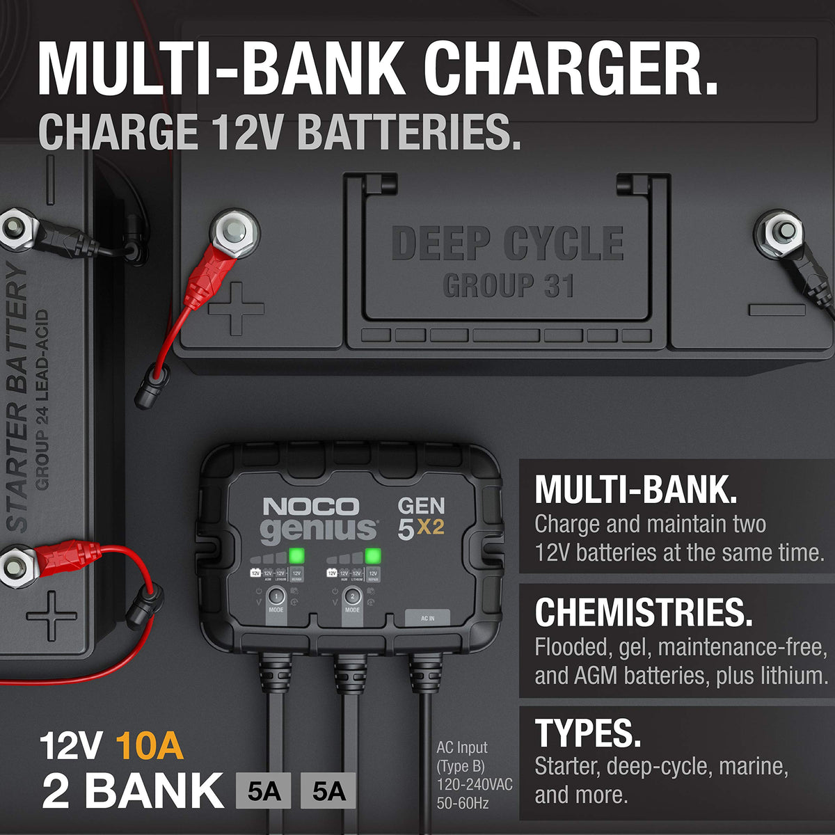 NOCO NOCO Genius GEN5X2: 2-Bank, 10A Onboard Battery Charger - 5A Per Bank, 12V Waterproof Marine Charger - Outdoor Depot