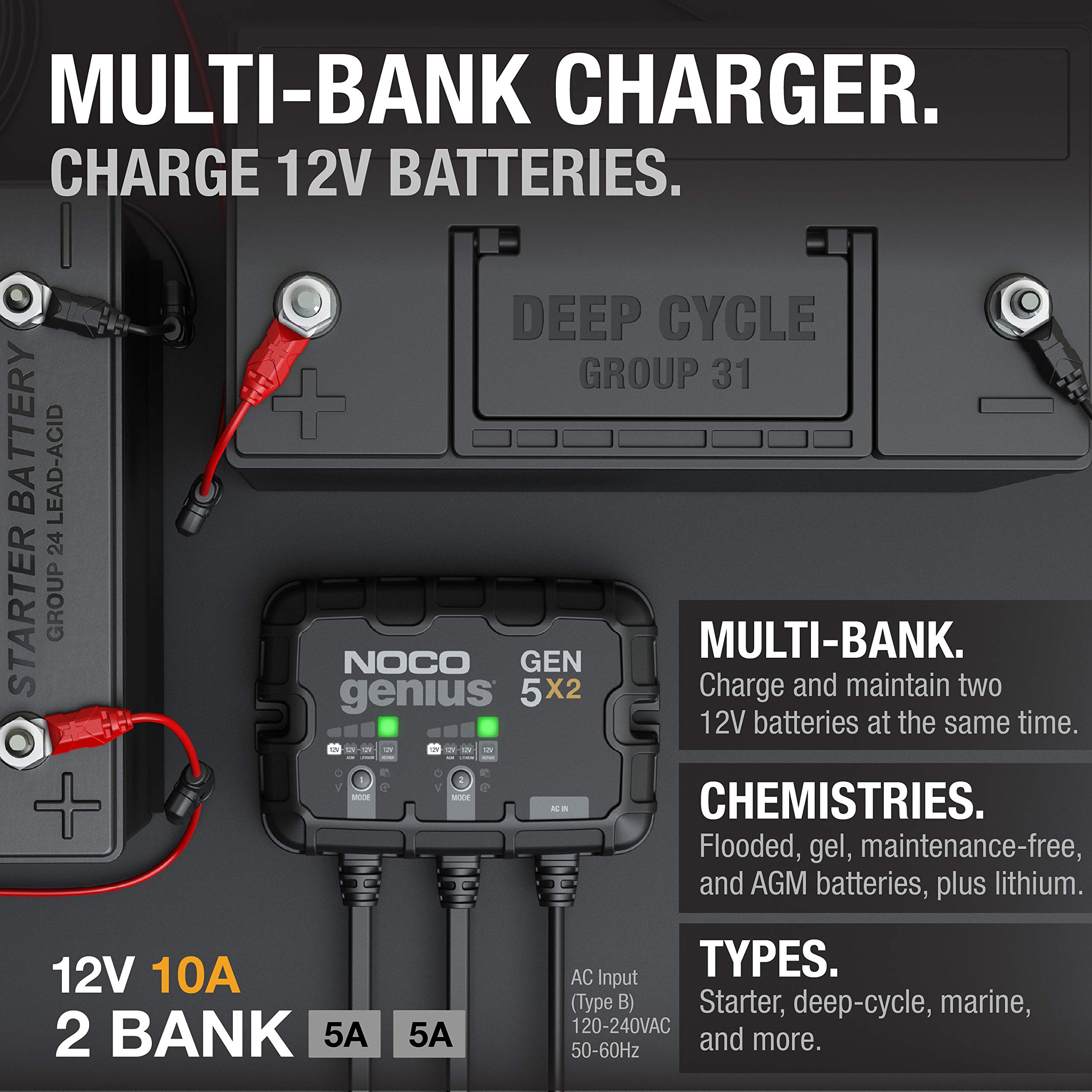 NOCO NOCO Genius GEN5X2: 2-Bank, 10A Onboard Battery Charger - 5A Per Bank, 12V Waterproof Marine Charger - Outdoor Depot