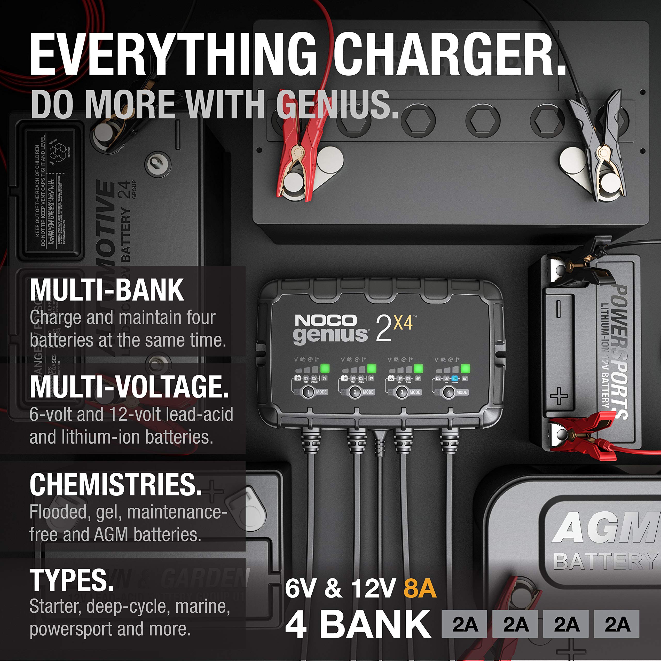 NOCO NOCO GENIUS2X4: 8A 4-Bank Smart Battery Charger (2A/Bank) - 6V/12V Automatic Maintainer, Trickle - Outdoor Depot