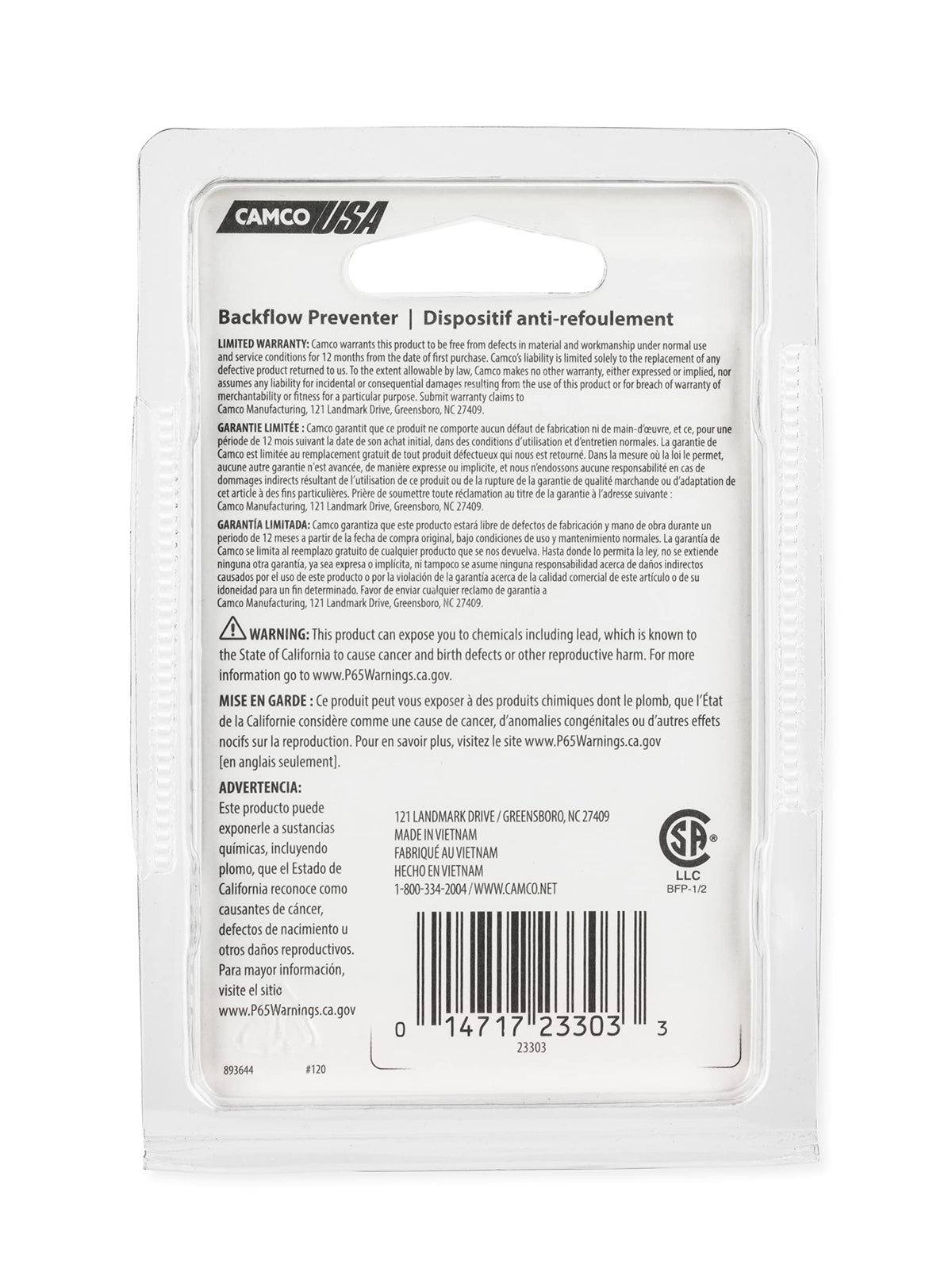 CAMCO 23303 1/2' BACK FLOW PREVENTER