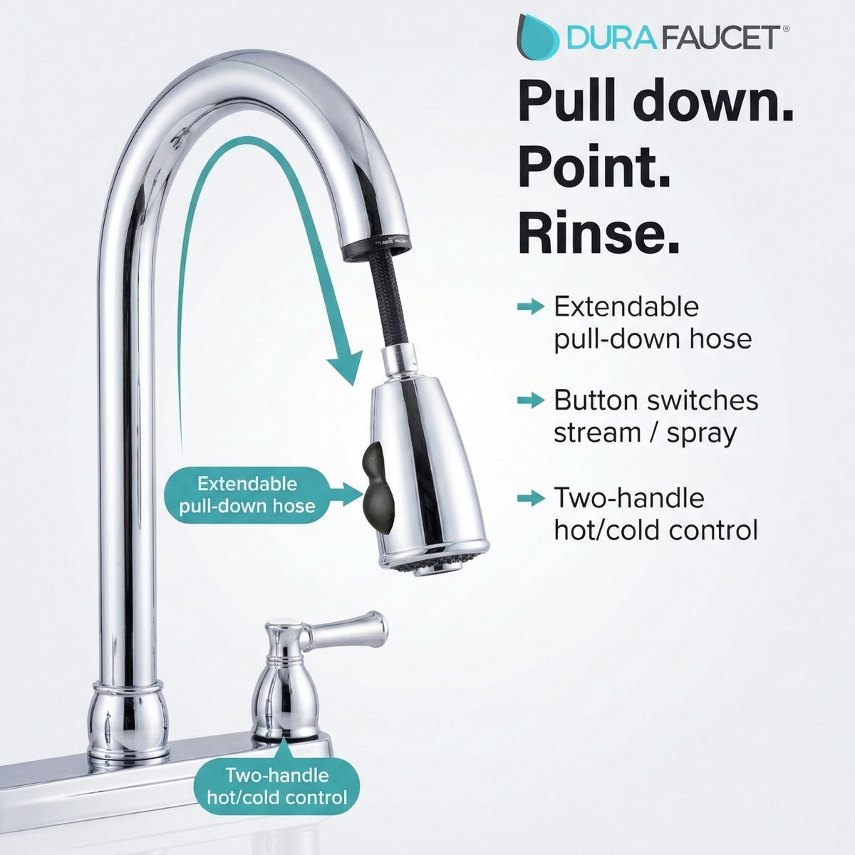 DURA FAUCET DF-PK350L-CP RV Pull-Down Kitchen Sink Faucet, Plastic (Chrome) RV & Camper