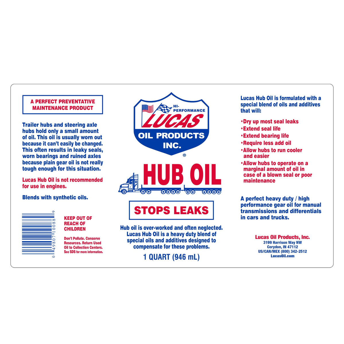 LUCAS OIL 10088 HUB OIL QT.