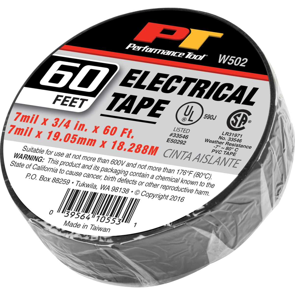 PERFORM TOOL W502 Performance Tool  3/4 in. x 60 ft. Vinyl Electrical Tape, Black