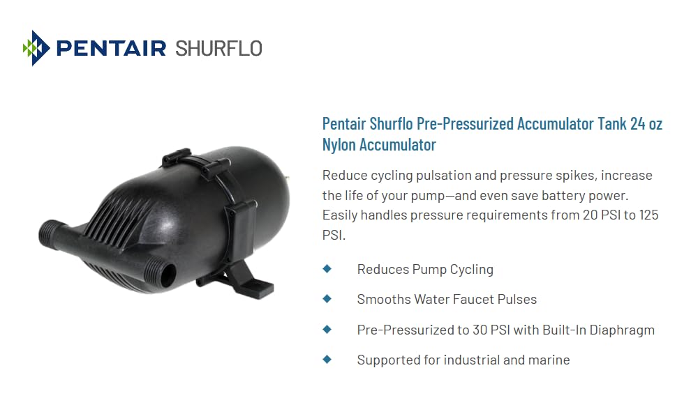 SHURFLO 182-200 PENTAIR Pre-Pressurized Accumulator Tank, 125 PSI, 24 oz RV & Camper