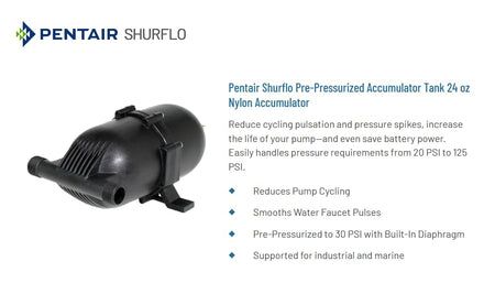 SHURFLO 182-200 PENTAIR Pre-Pressurized Accumulator Tank, 125 PSI, 24 oz RV & Camper
