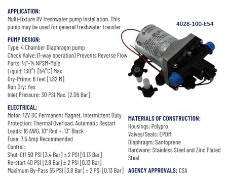 SHURFLO 4028-100-E54 PENTAIR   Revolution 12V Water Pump, 2.3 GPM Diaphragm Pump, 50 PSI...